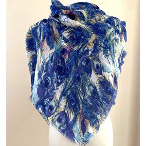 Women's Peacock Feather Scarf Shawl 42X40" Blue Colorful Fringe Boho Dopamine